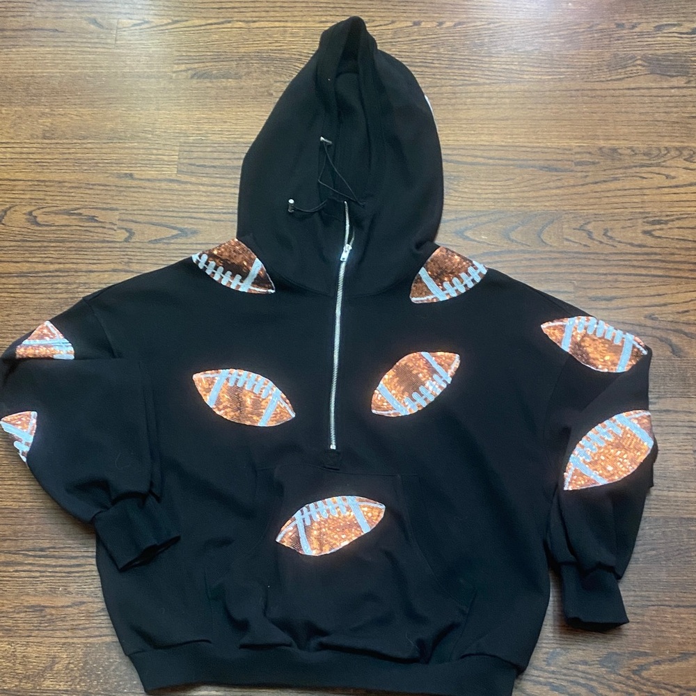 Women’s Black Sequin Football Hoodie Size M